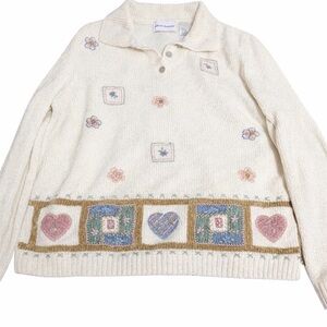 Alfred Dunner Cream Sweater with Heart and Floral Accents